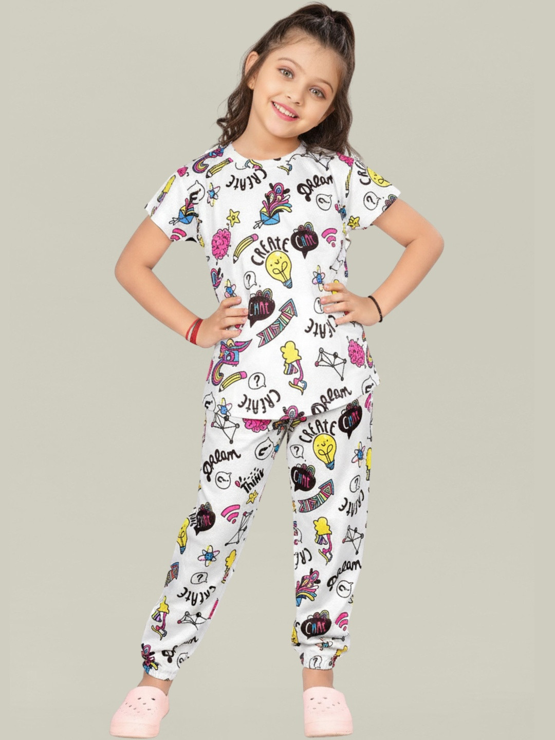 LITBABY Girls Printed Short Sleeves Night Suit