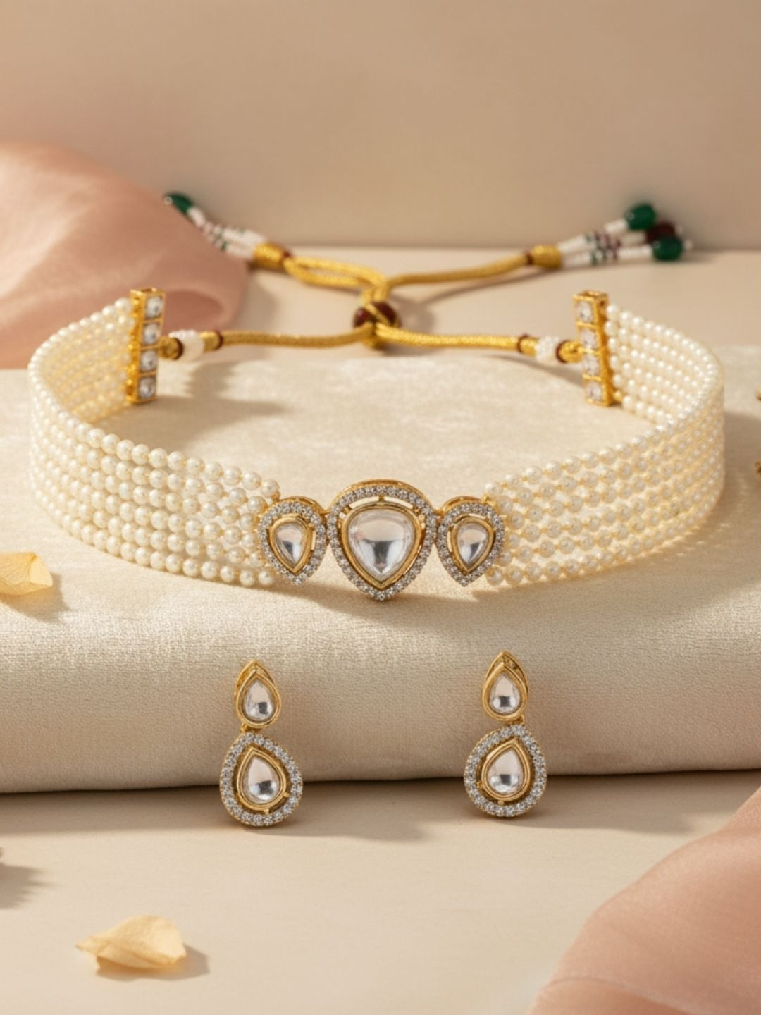 IKSAVA Gold-Plated Stone-Studded & Beaded Jewellery Set