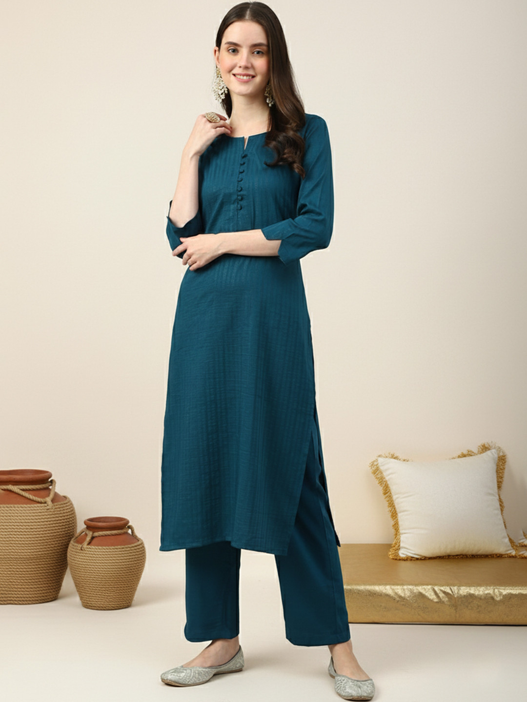 KALINI Stripes Printed Regular Kurta with Trousers