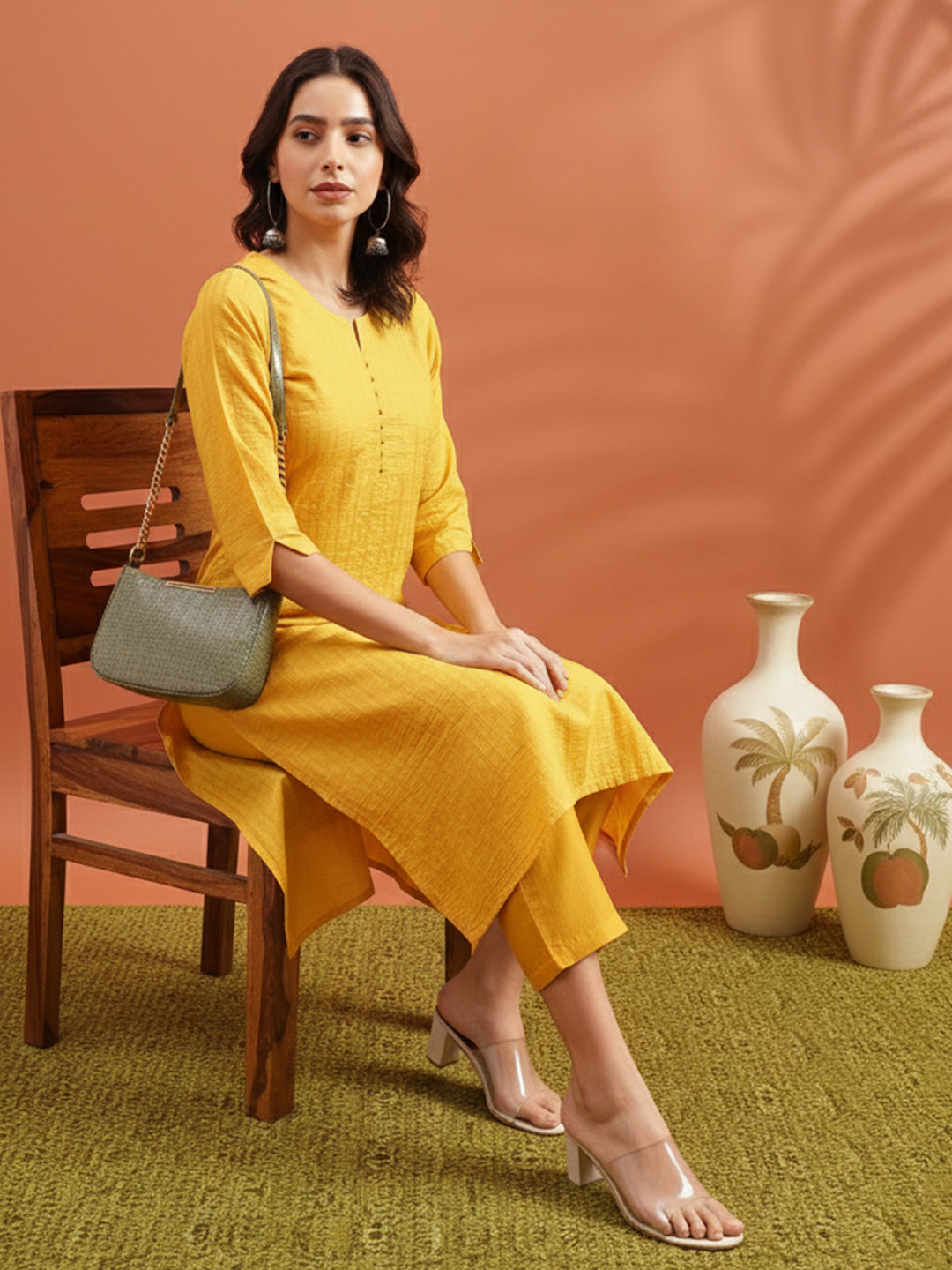 KALINI Striped Round Neck Three-Quarter Sleeves Thread Work Kurta Set