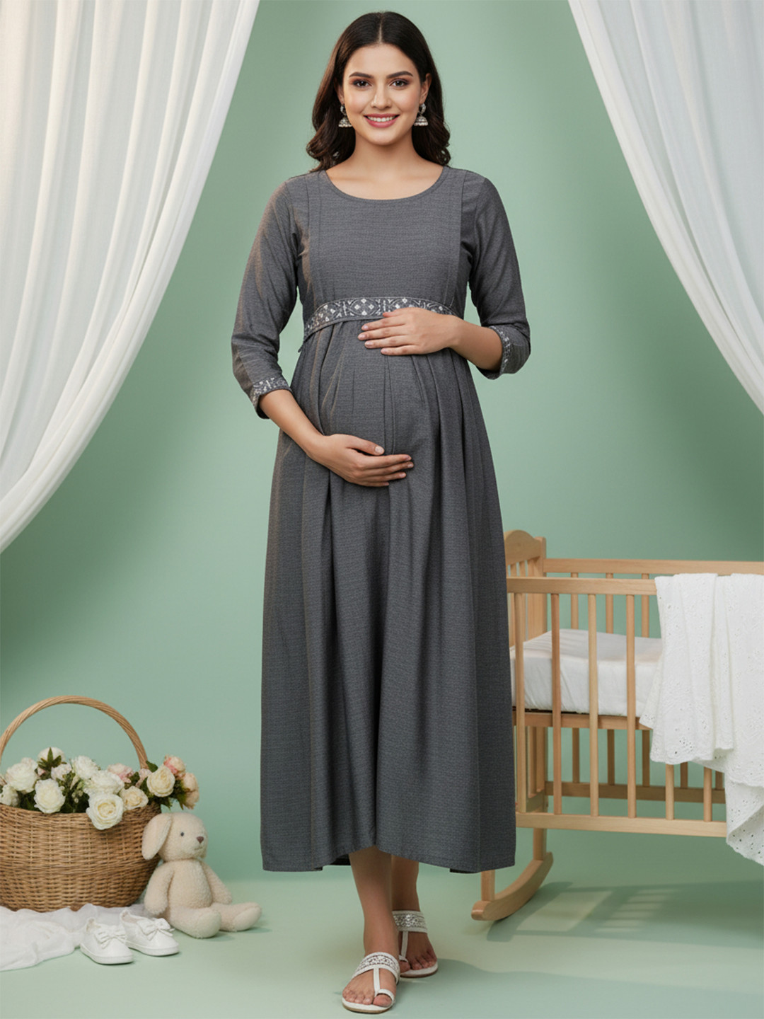 DUMMY SHAPE Embroidered Maternity Pure Cotton A-Line Dress
