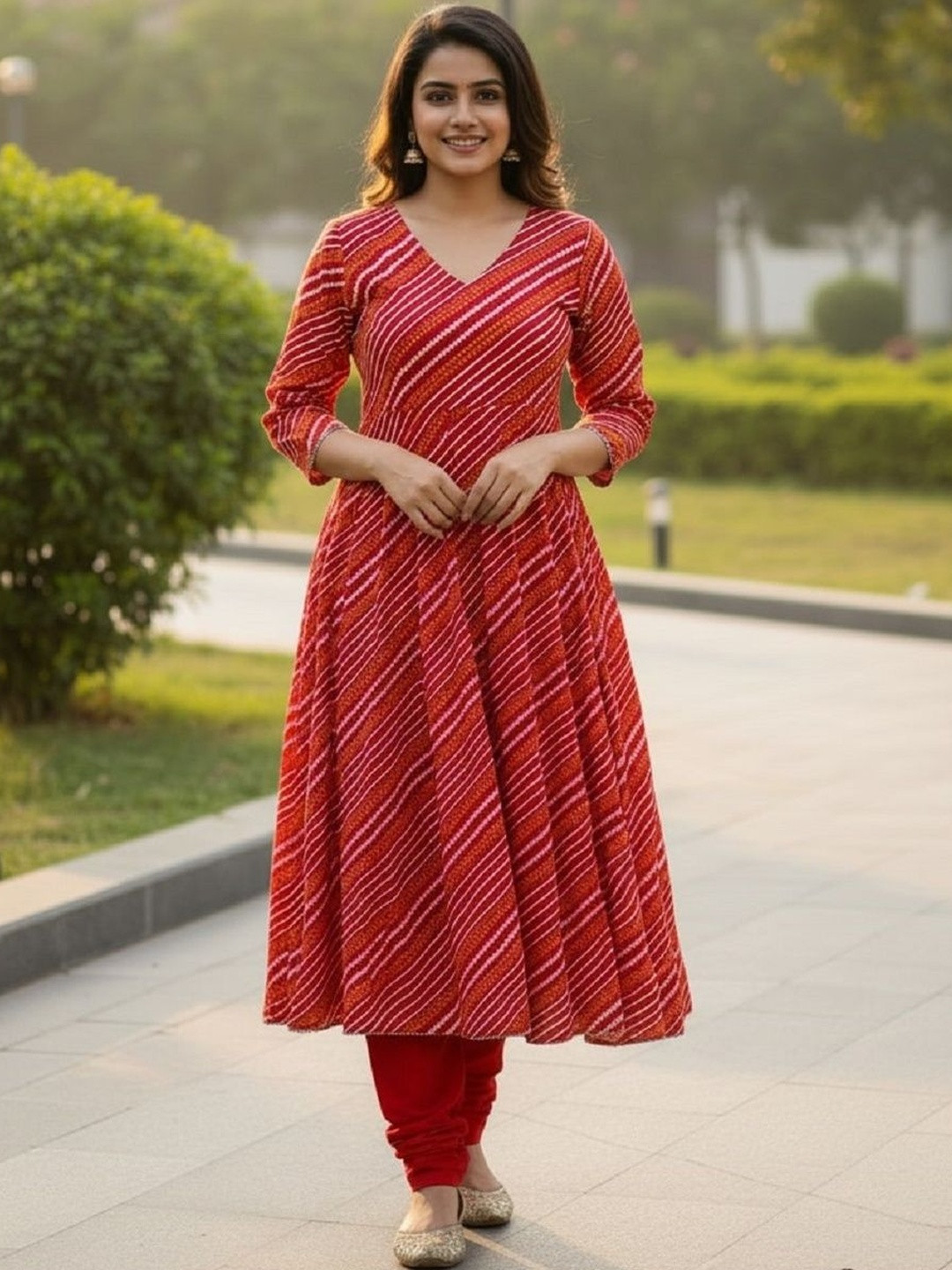 GOBYA Women Leheriya Printed Panelled Pure Cotton Kurta with Churidar