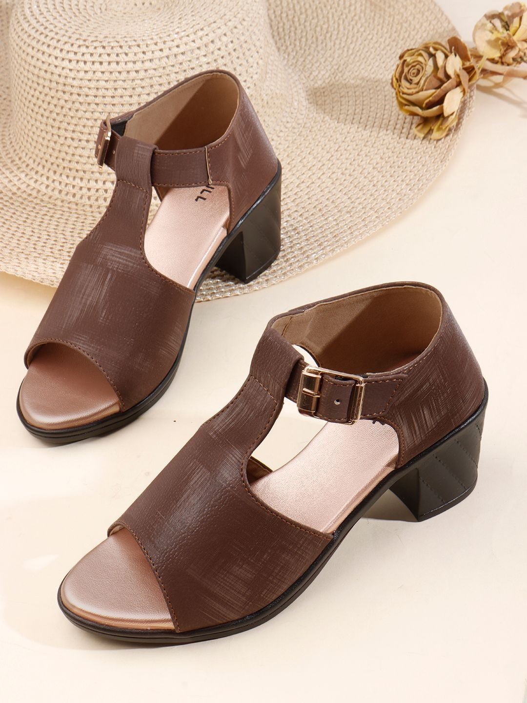 Denill Textured Block Sandals with Buckles