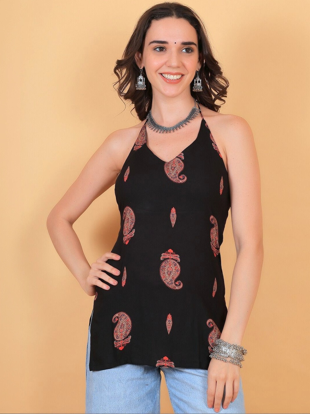 FIMS Paisley Printed Halter Neck Kurti