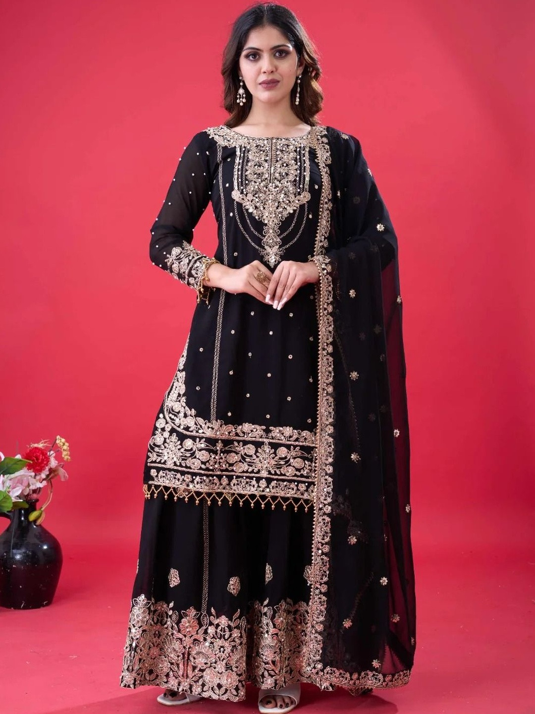 AKSHARAM Women Ethnic Motifs Embroidered Regular Silk Georgette Kurta with Sharara & With Dupatta