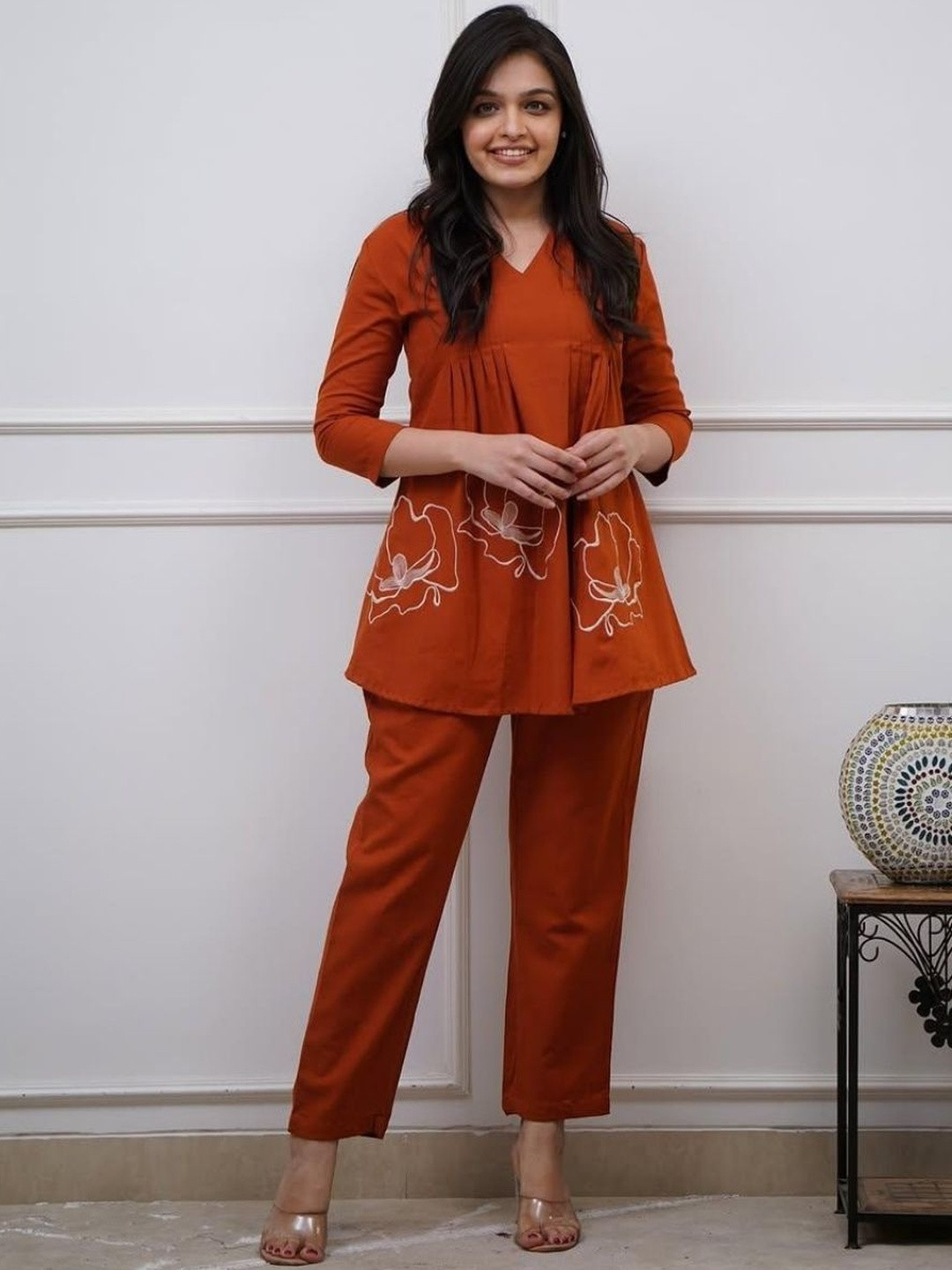 Komfortive Embroidered Pure Cotton  V-Neck Top & Trousers Co-Ord Set