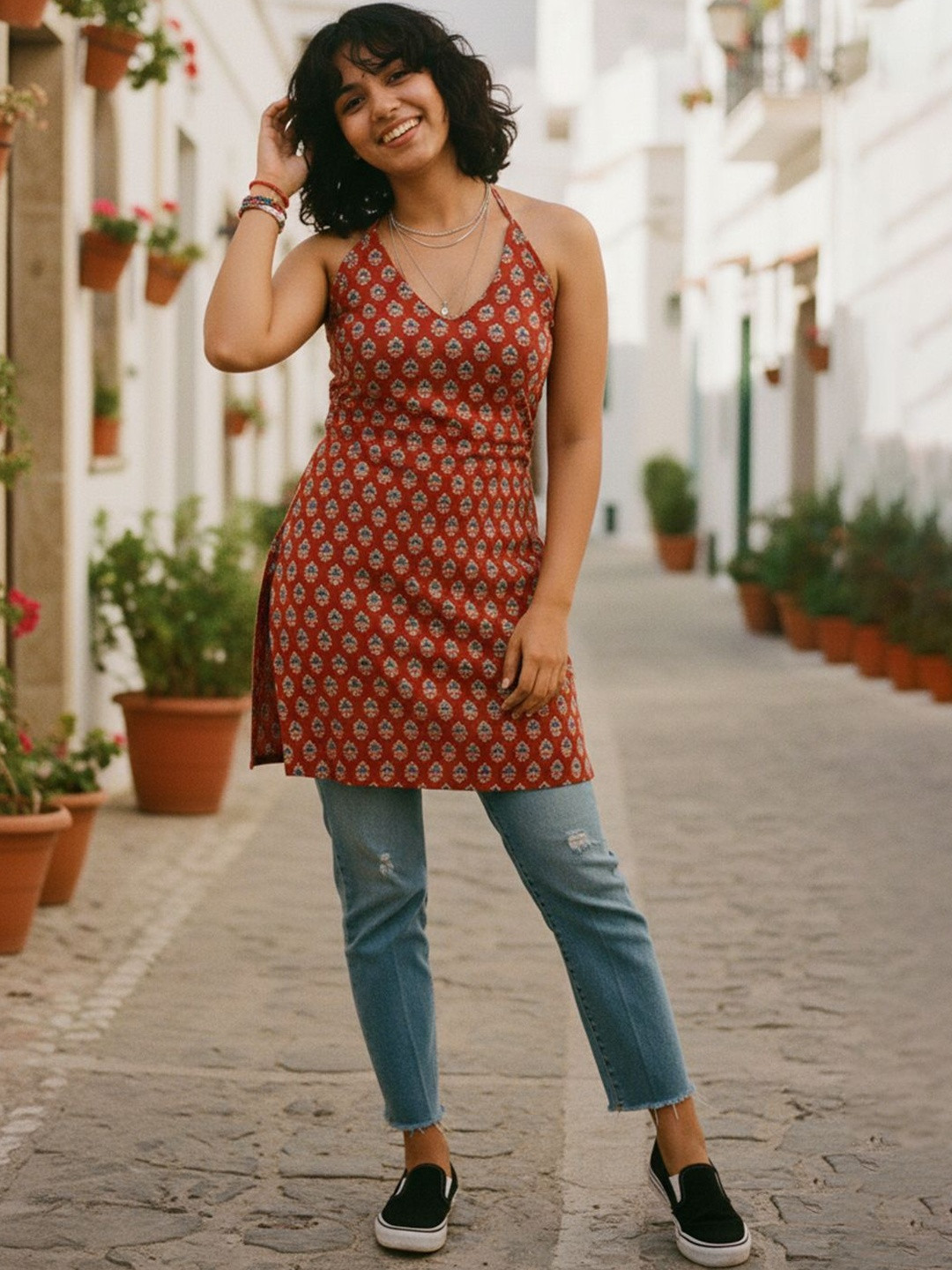 AADVIKA Ethnic Motifs Printed Halter Neck Kurti