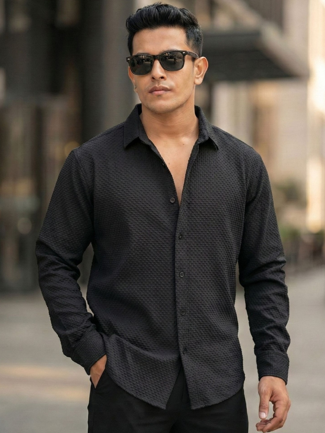 SOLIXON Men Black Popcorn Textured Solid Long Sleeves Slim Fit Casual Shirt