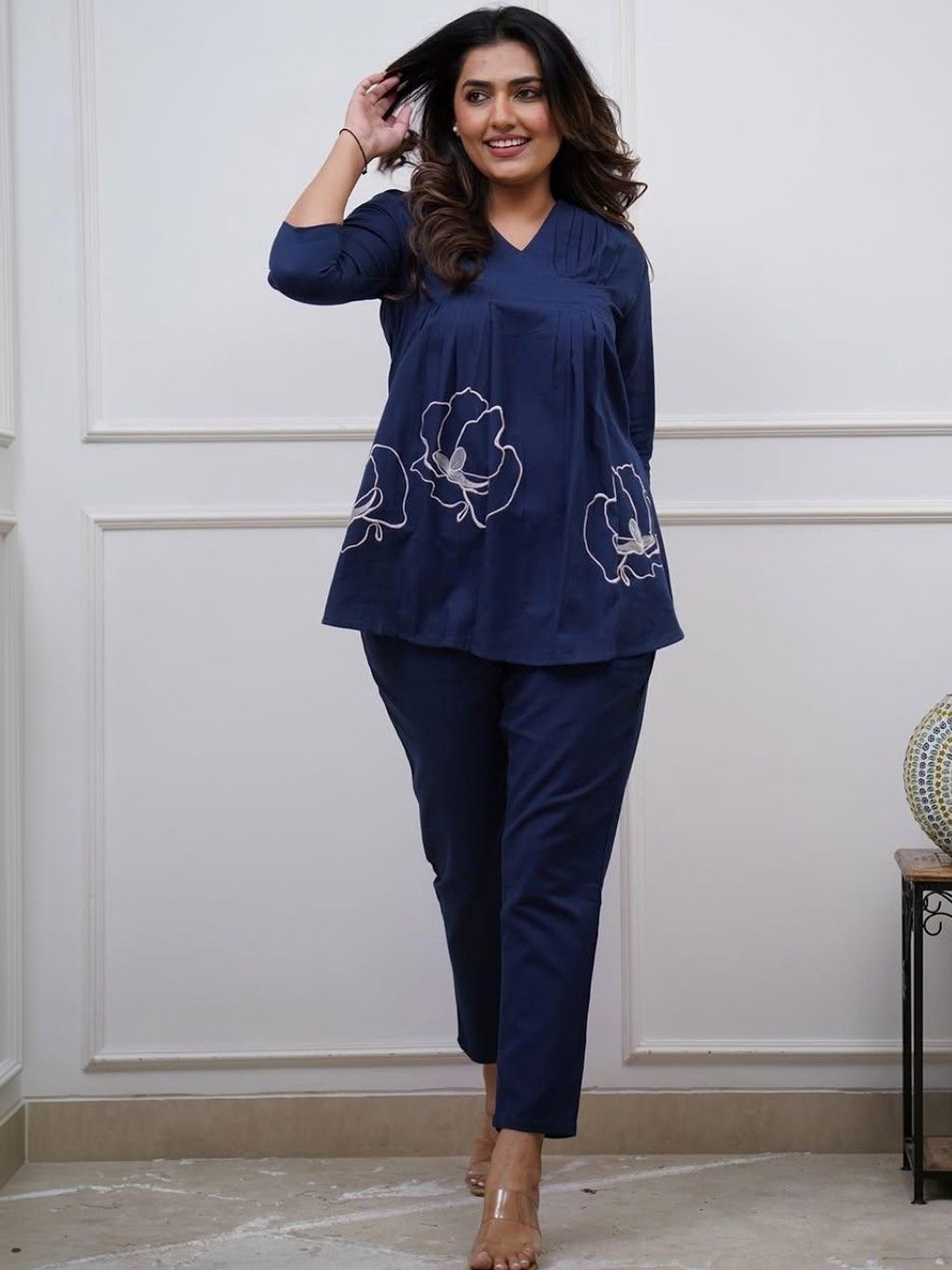 Komfortive Embroidered Pure Cotton V-Neck Top & Trousers Co-Ord Set