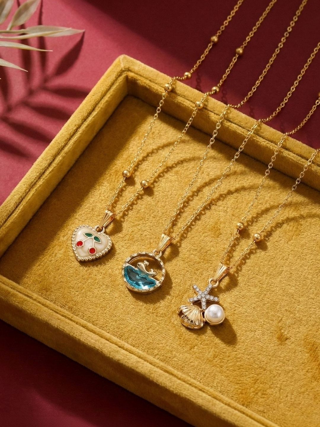 DressBerry Set Of 3 Brass-Plated Artificial Beaded Contemporary Pendants With Chains