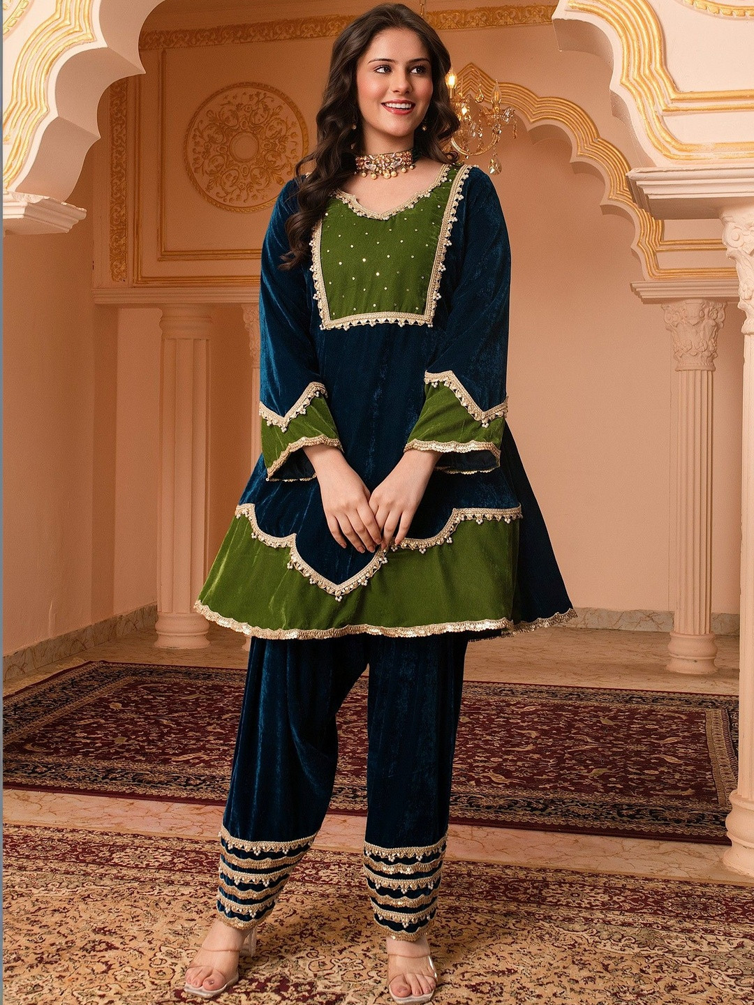 Pearls and Pastels Women Panelled Sequinned Velvet Kurta with Trousers & With Dupatta