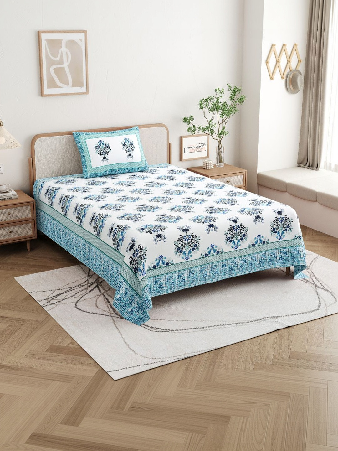 CLOTHOLOGY Aqua Teal Floral Royal Bagh Cotton Single Flat 180 TC Jaipuri Prints Bedsheet Set