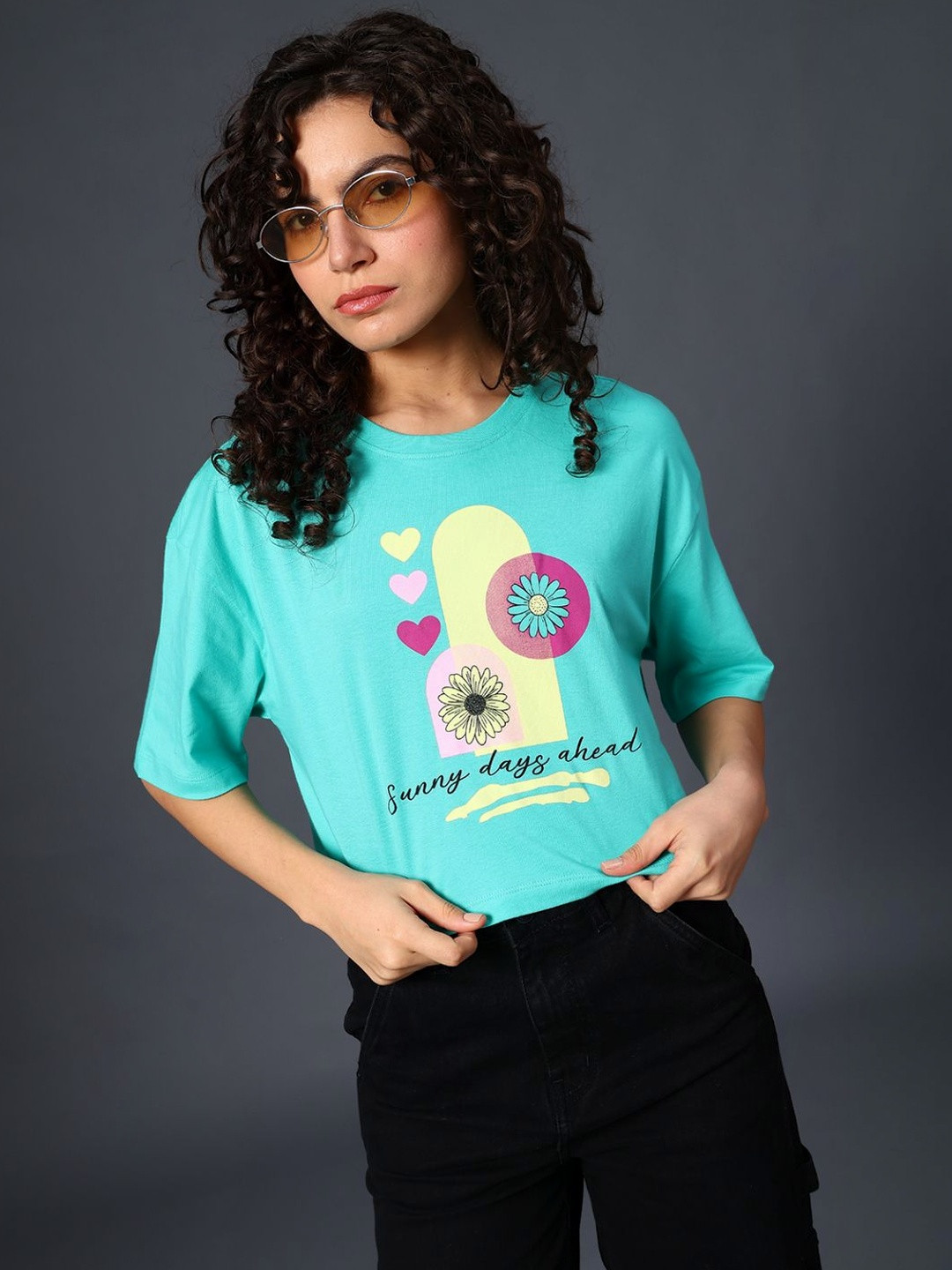 LIMEROAD Women Printed Drop-Shoulder Sleeves T-shirt