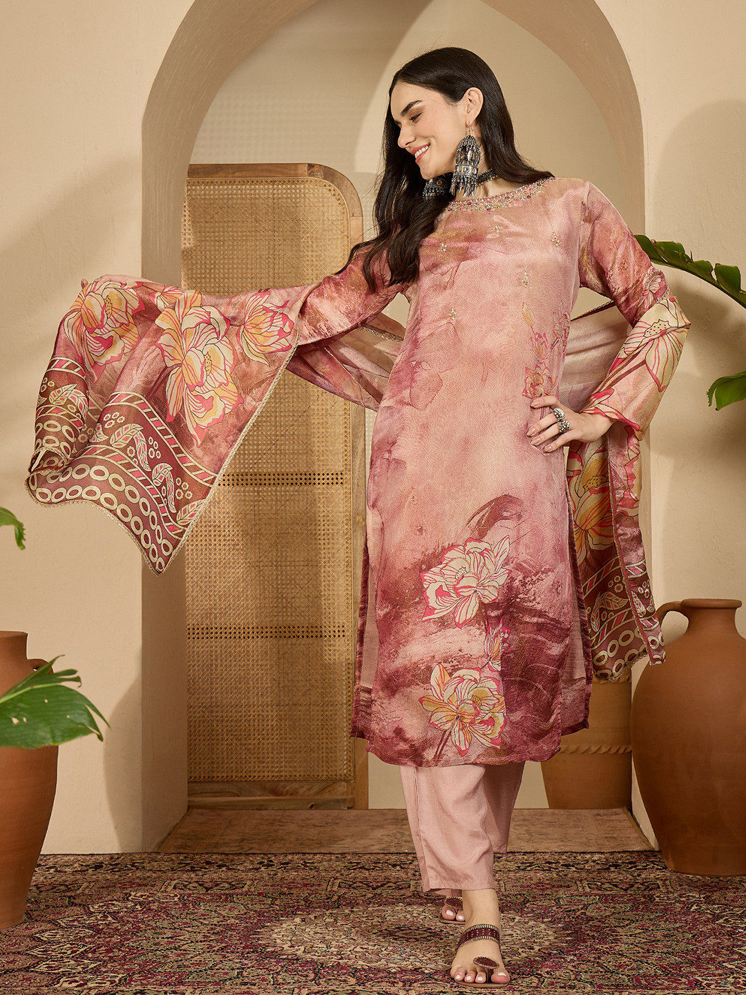 Sangria Printed Straight Kurta & Trousers With Dupatta