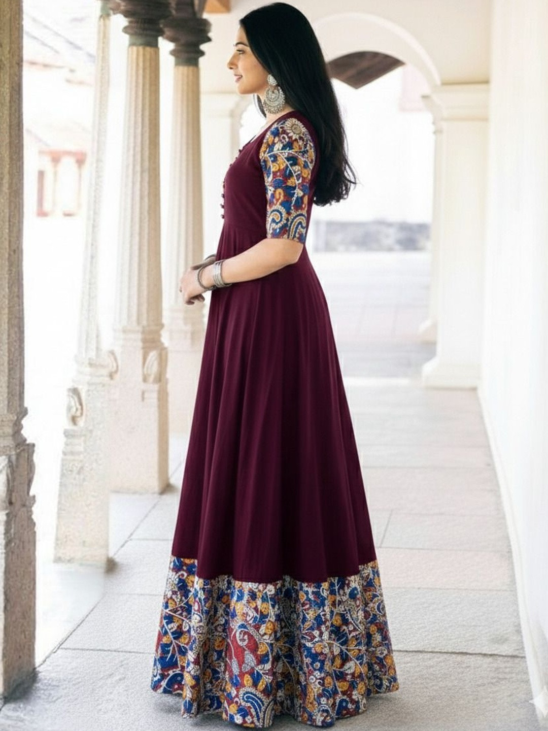 Maheshwar Ethnic Motifs Colourblocked Fit & Flare Maxi Dress