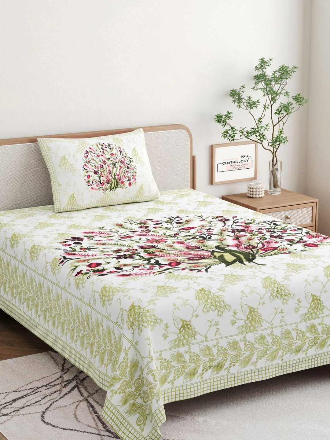 CLOTHOLOGY Olive & Ruby Dancing Peacock Mayura Bagh Cotton Single Flat 180 TC Jaipuri Prints Bedsheet Set
