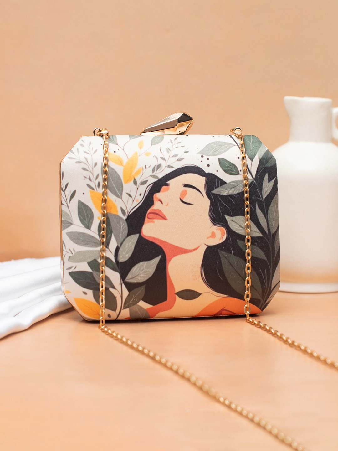ARTKLIM Shoulder Strap Leaf Portrait Printed Box Clutch