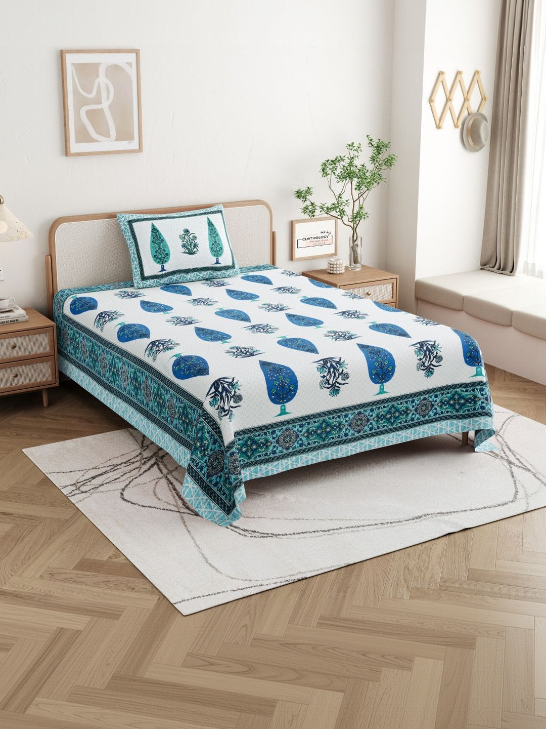 CLOTHOLOGY Azure Teal Mughal Cypress Bagh-e-Firdaus Cotton Single Flat 180 TC Jaipuri Prints Bedsheet Set