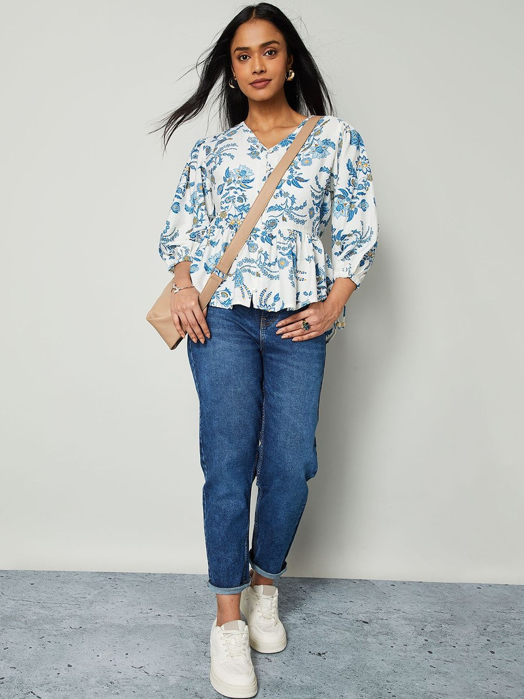 Colour Me by Melange Floral Print Flared Sleeve Peplum Top