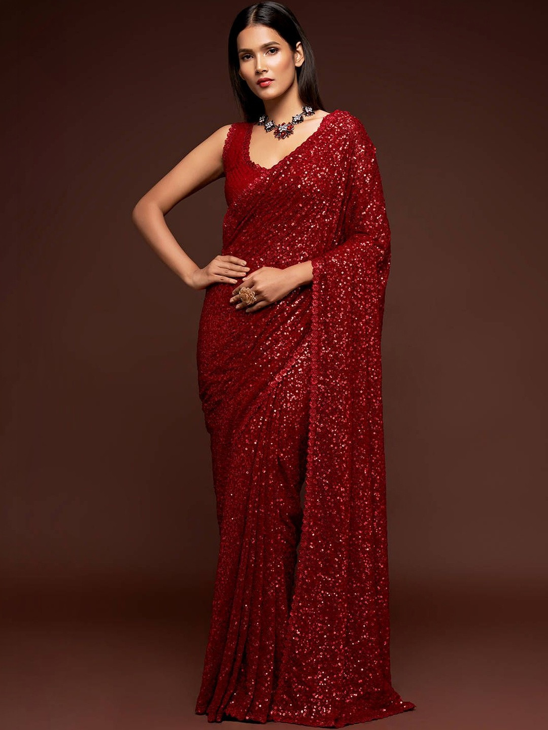 Zeel Clothing Embellished Sequinned Poly Georgette Heavy Work Saree