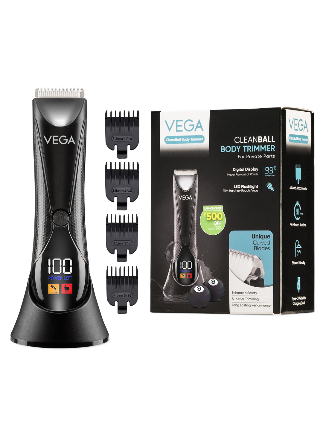 VEGA Men VHTH-33 Cleanball Body Trimmer for Intimate Area - Black