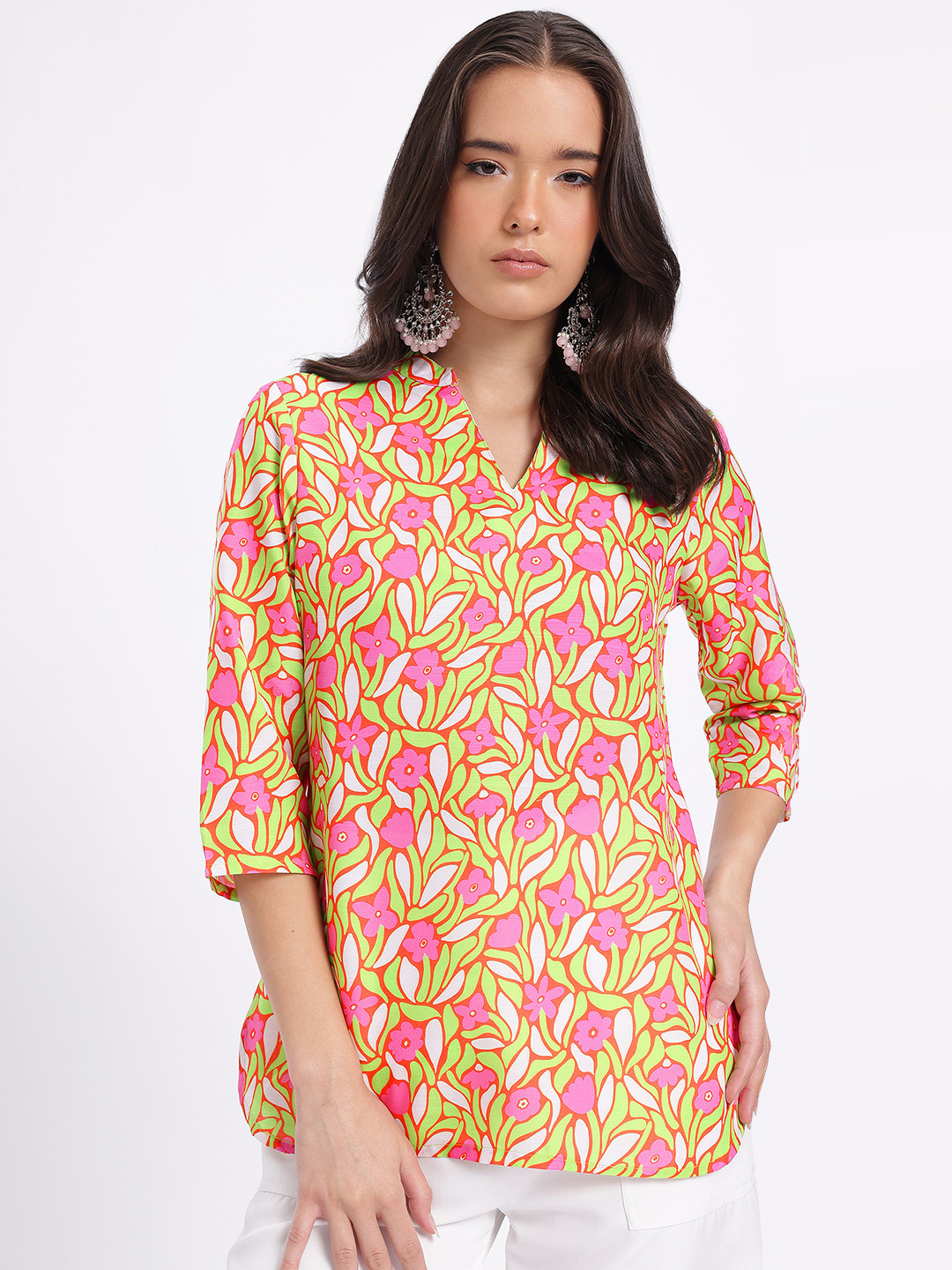 Anouk Rustic Floral Printed Mandarin Collar Straight Kurti