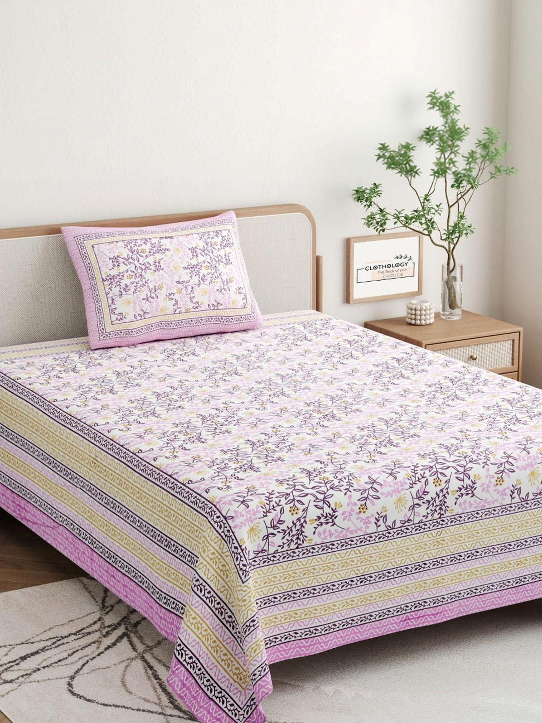 CLOTHOLOGY Lavender & Magenta Blossom The Heritage Bagh Cotton Single Flat 180 TC Jaipuri Prints Bedsheet Set