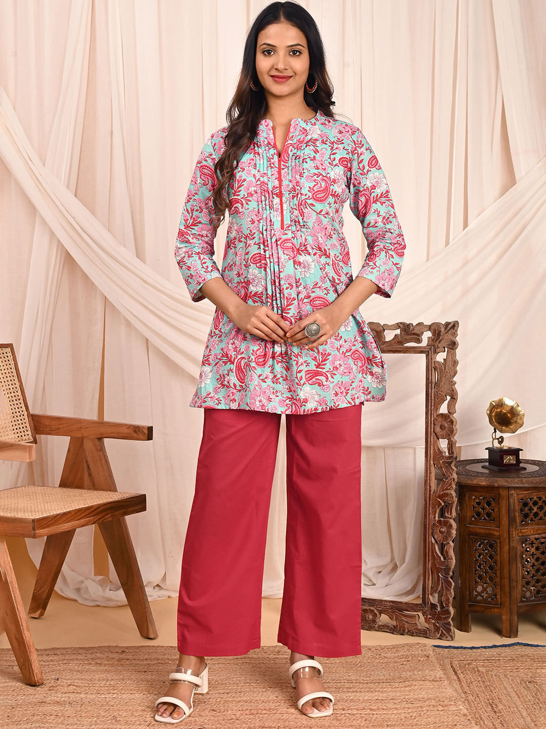 REAM Printed Pure Cotton Mandarin Collar Tunic & Palazzos Co-Ord Set