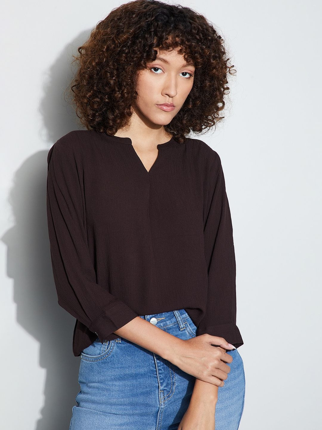 Fame Forever by Lifestyle Textured Slit Sleeve Band Collar Top