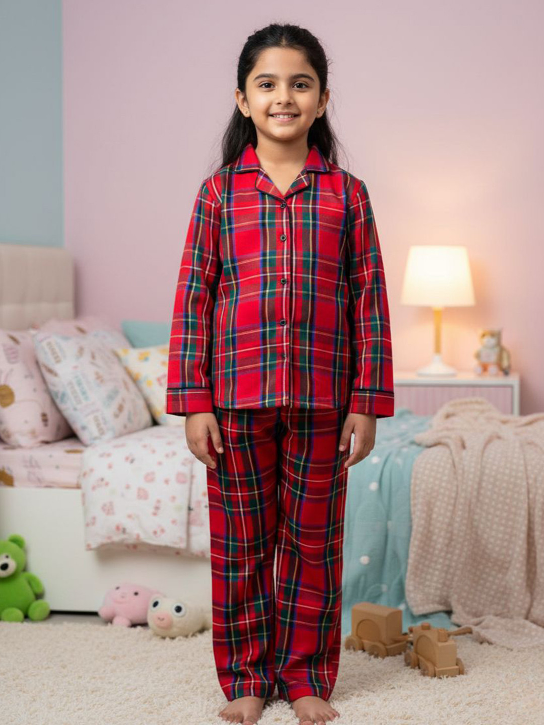 Fairies Forever Girls Red & Blue Checked Pure Cotton Night Suit Set