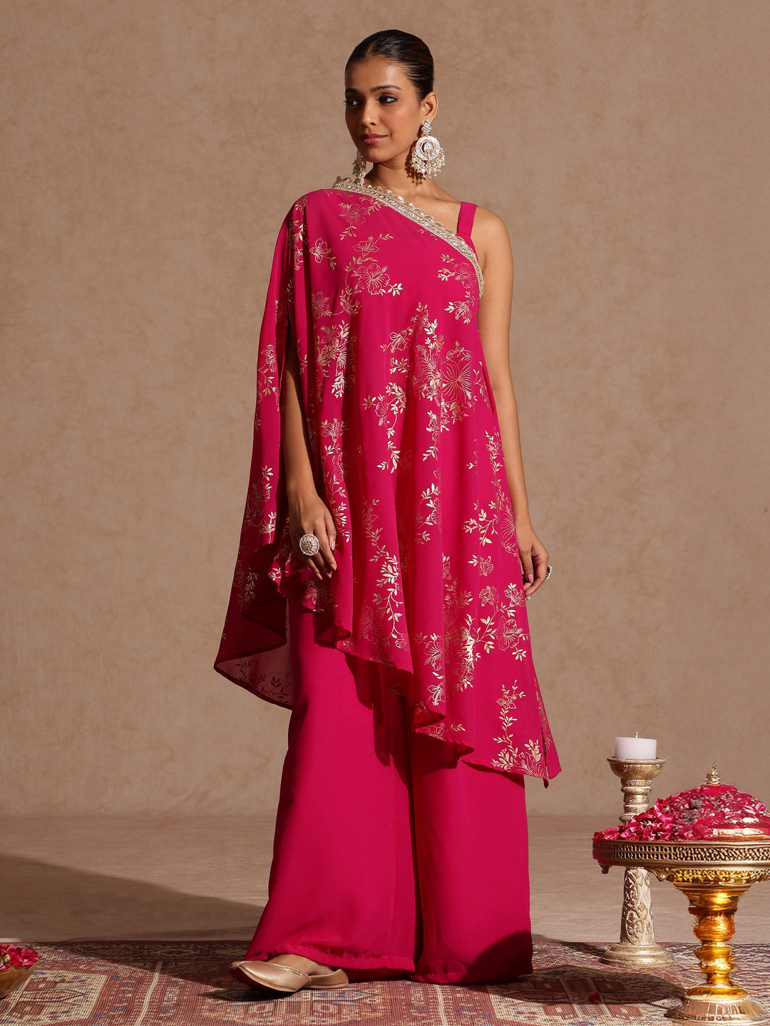 Janasya Printed Pink Shoulder Straps Top & Palazzos Crop Tie-Up Co-Ords