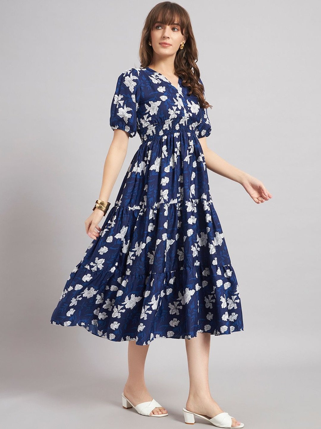 Jash Creation Floral Print Puff Sleeve Crepe Fit & Flare Midi Dress
