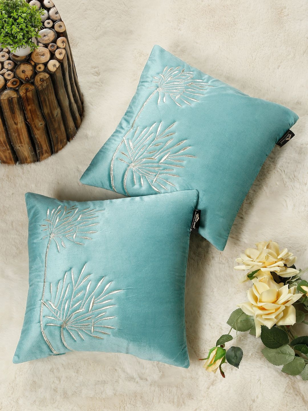 HOSTA HOMES Blue Set of 2 Floral Velvet Square Cushion Covers