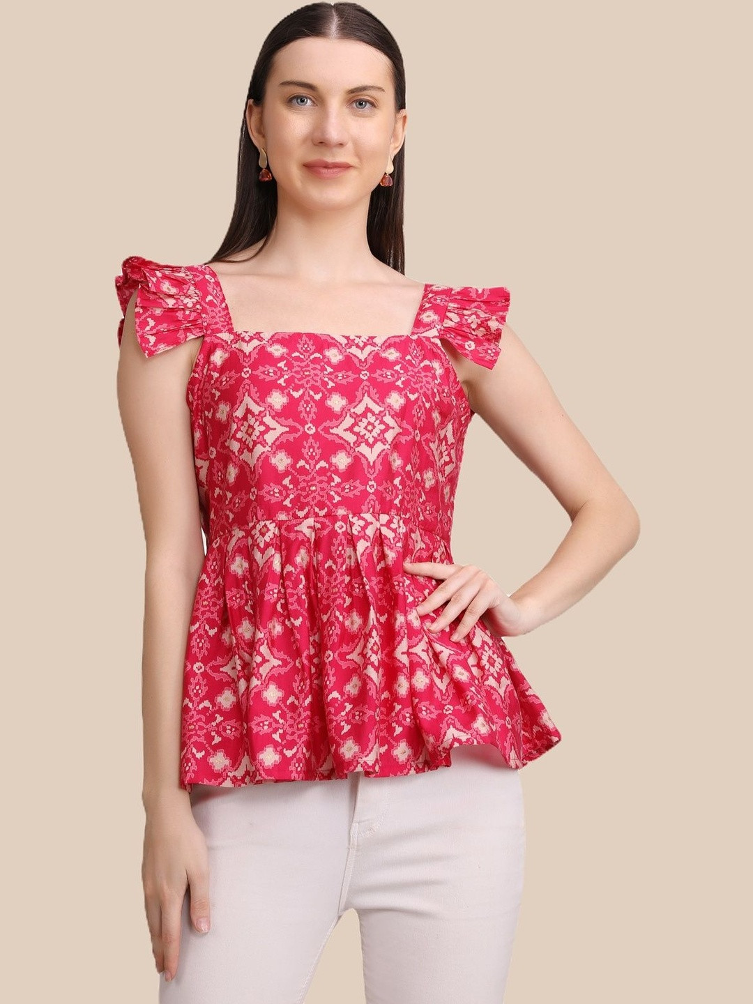 UNFAKENOW Print Flutter Sleeve Ethnic Cotton Peplum Top