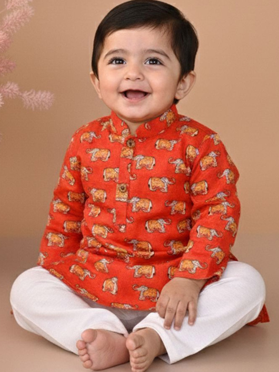 Sangria Boys Elephant Printed Pure Cotton Mandarin Collar Straight Kurta & Pyjamas