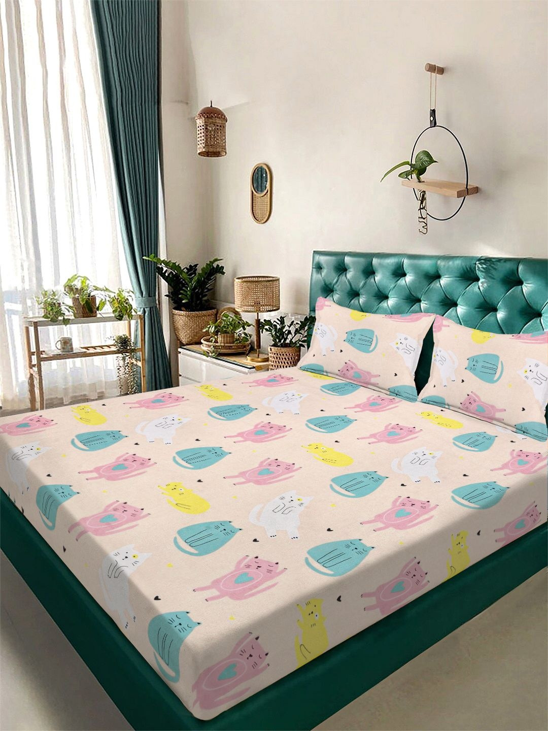 KLOTTHE Beige Cartoon Printed 300 TC Double Bedsheet & 2 Pillow Covers- 2.5 m x 2.25 m