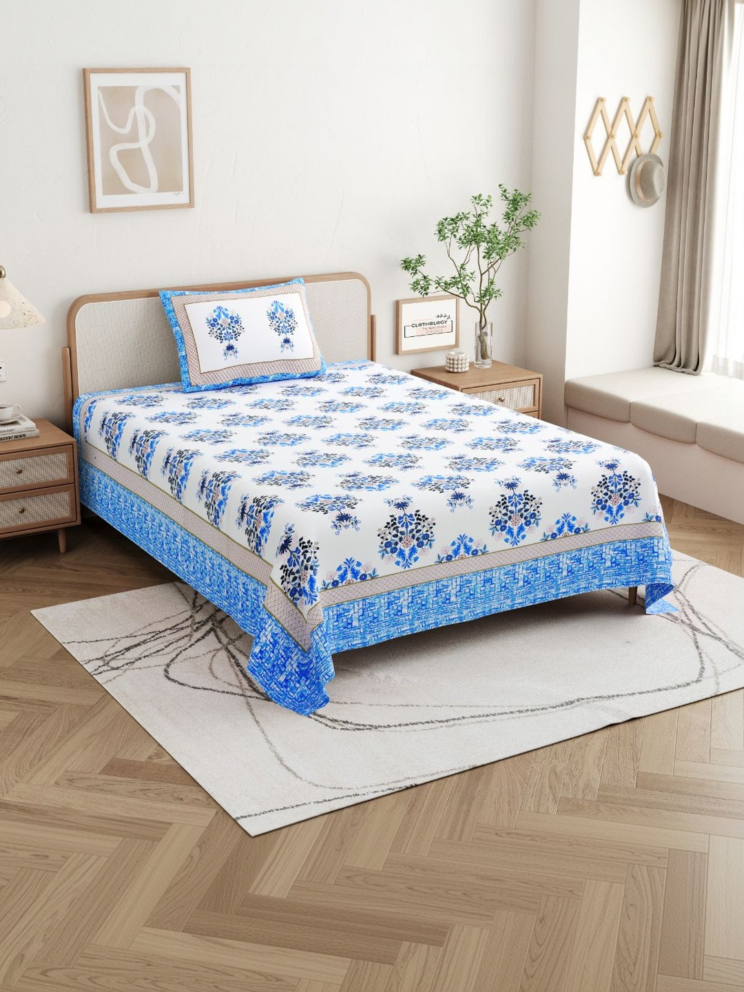 CLOTHOLOGY Azure Blue Floral Royal Bagh Cotton Single Flat 180 TC Jaipuri Prints Bedsheet Set