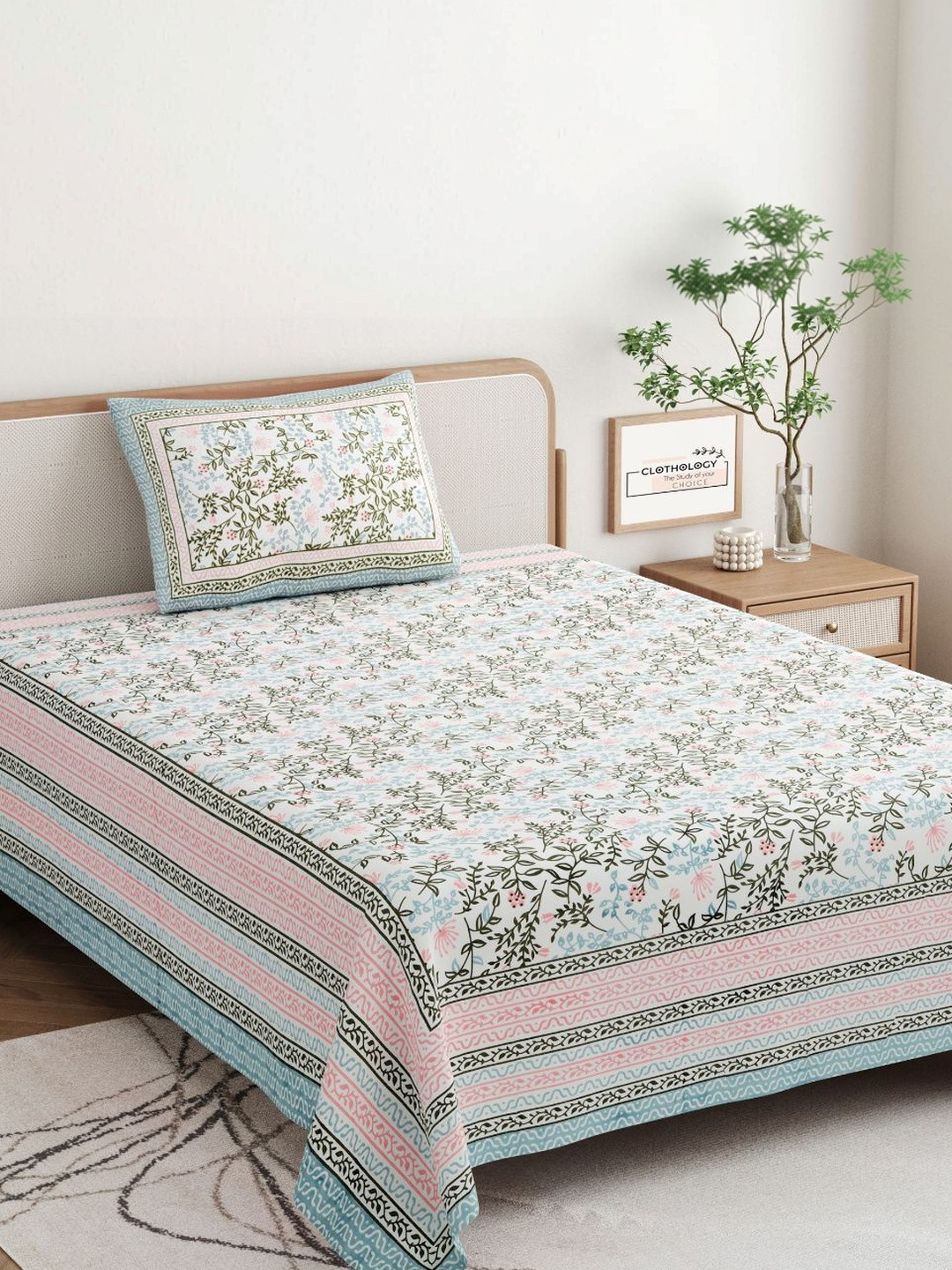 CLOTHOLOGY Peach & Sage Garden Floral The Heritage Bagh Cotton Single Flat 180 TC Jaipuri Prints Bedsheet Set