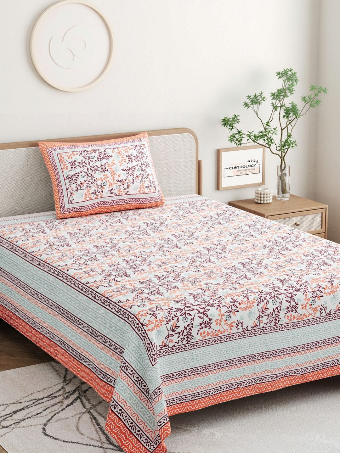 CLOTHOLOGY Sunset Orange & Slate Motif The Heritage Bagh Cotton Single Flat 180 TC Jaipuri Prints Bedsheet Set