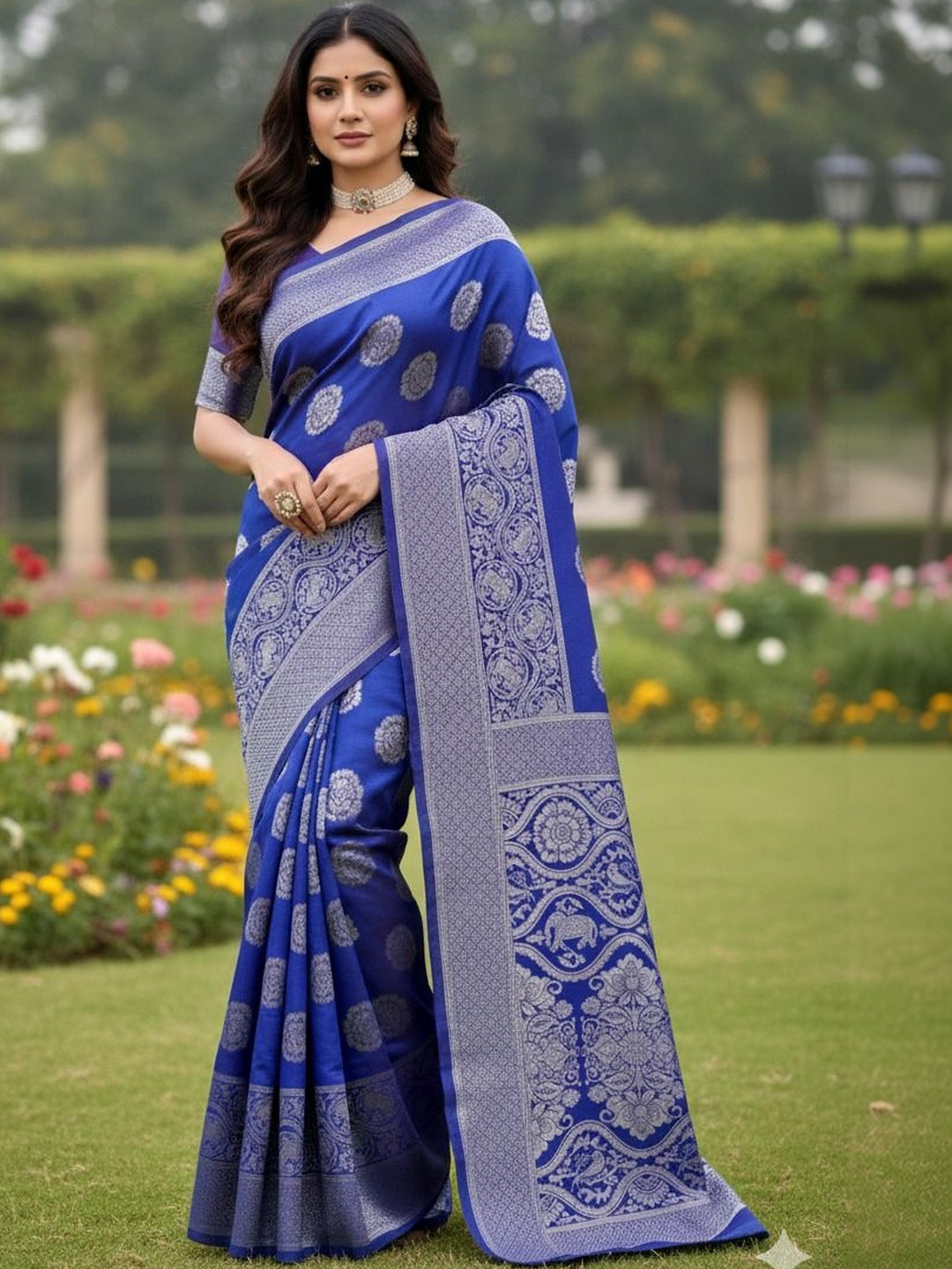 YUGAVEERAA Woven Design Zari Silk Blend Banarasi Saree