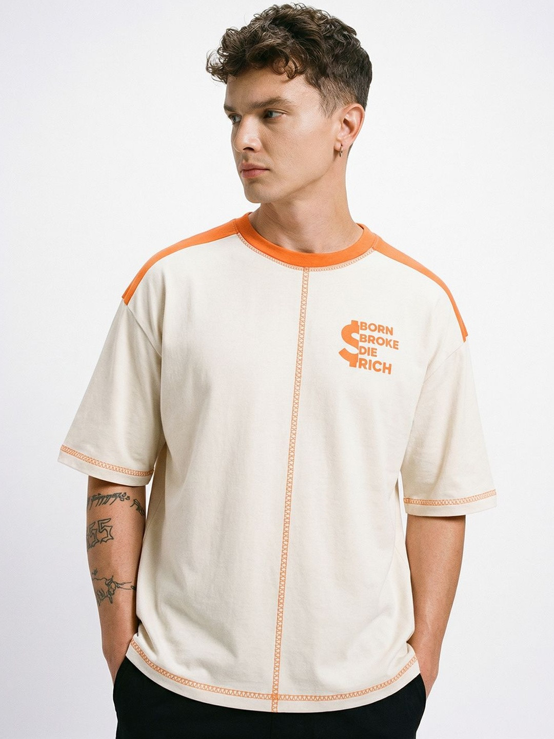 Crazymonk Born Broke Die Printed Cotton Round Neck Short Sleeves Oversized T-shirt