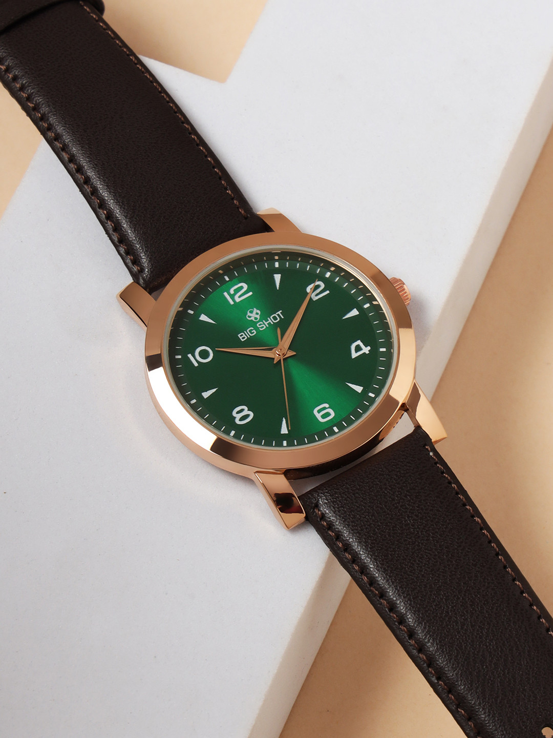 BIG SHOT Men Brass Embellished Dial & Leather Bracelet Style Straps Analogue Watch BSM005D