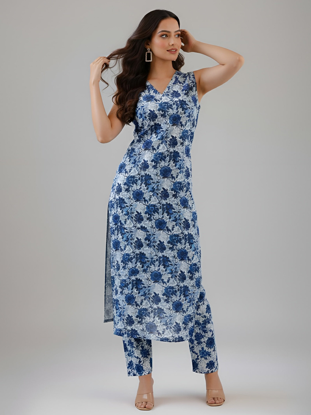 Blue Printed V-Neck Sleeveless Tunic with Trousers Co-Ords