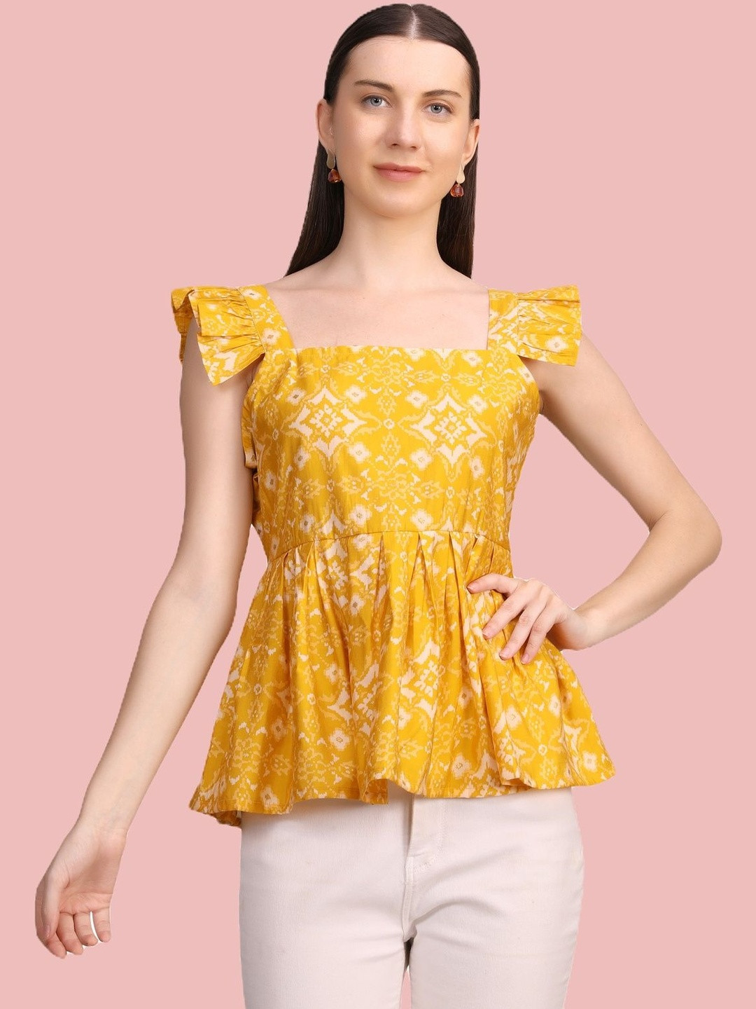UNFAKENOW Print Flutter Sleeve Block Print Cotton Peplum Top