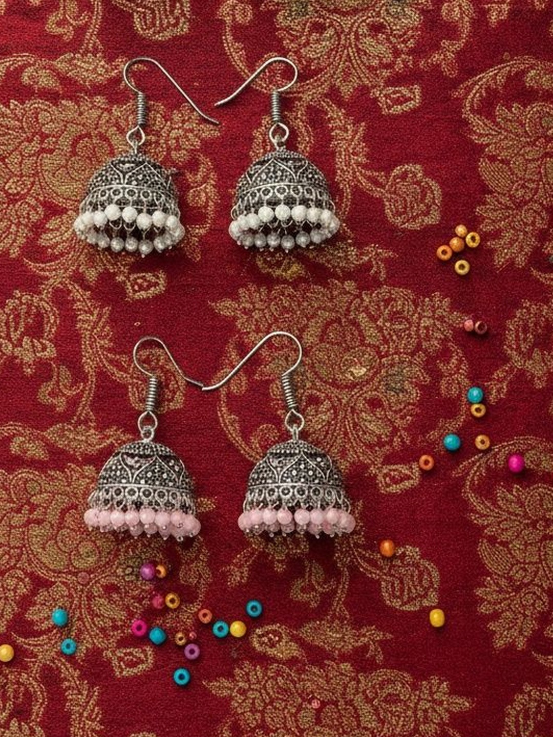 SZN Women Set Of 3 Oxidized Multicolor Artificial Beads Jhumka Earrings