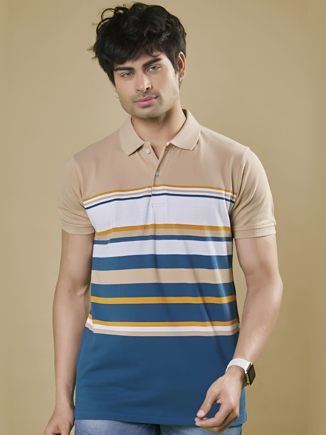 3BROS Men Striped Polo Collar T-shirt