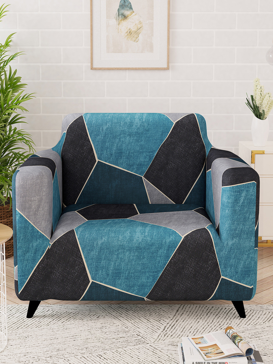 Story@home Blue Stretchable Geometric Polyester Straight Single Seater Printed Sofa Cover