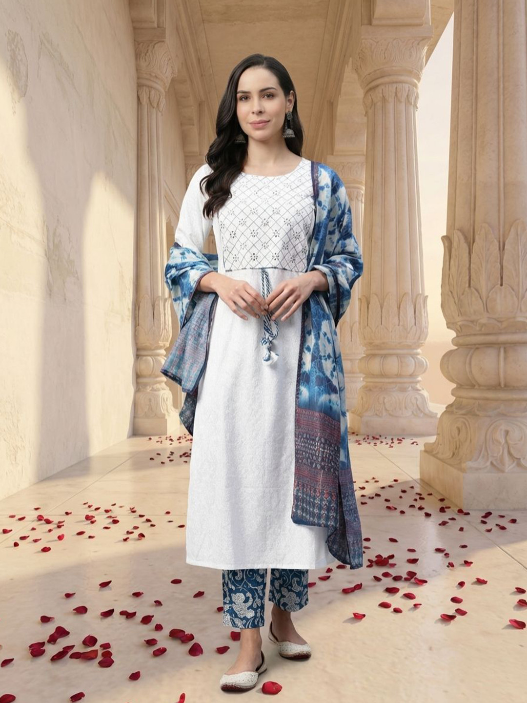 Yuris Women White Yoke Design Mirror Work Pure Cotton Kurta with Trousers & Dupatta