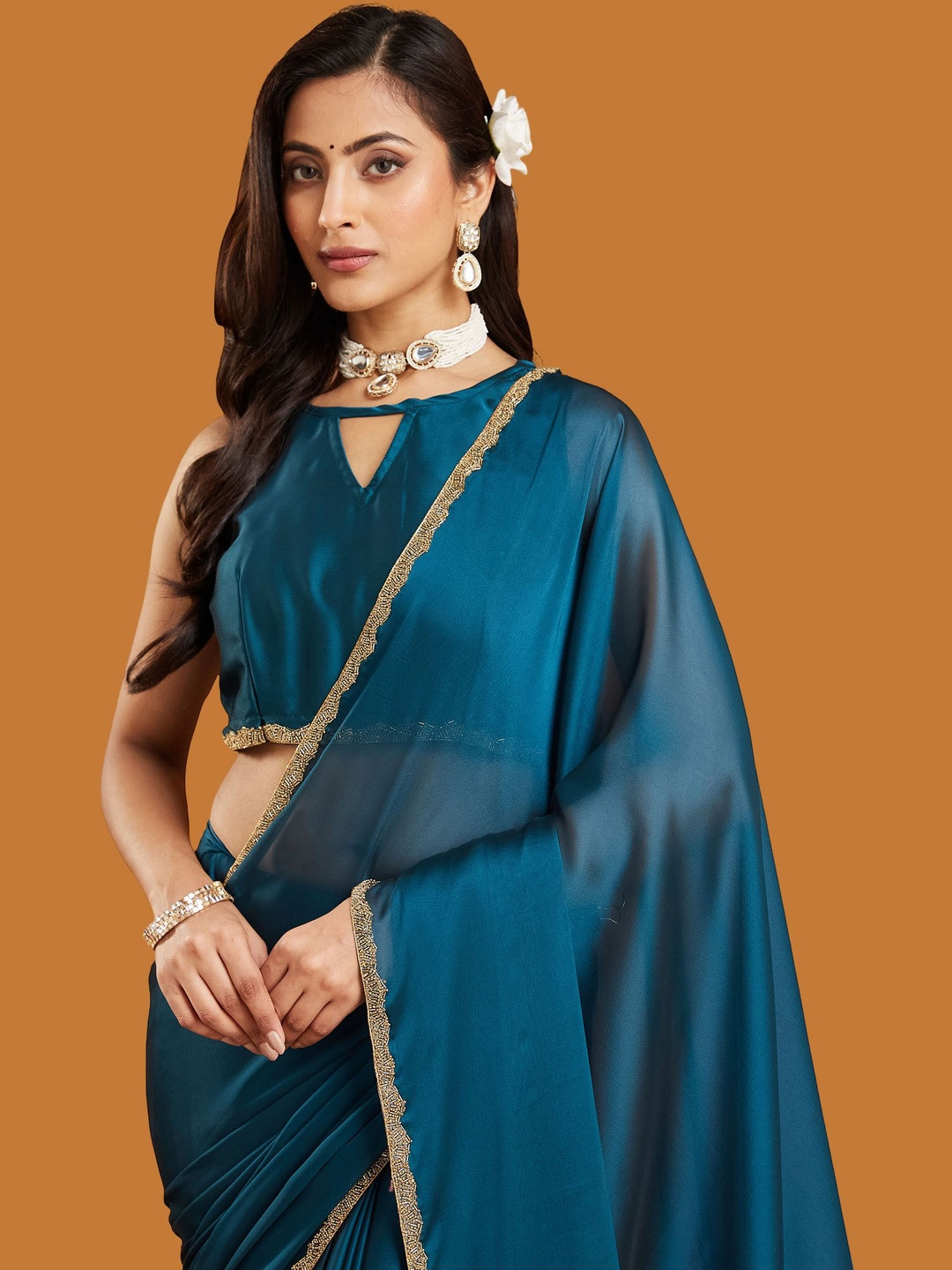 VEMEZ Beads and Stones Art Silk Heavy Work Saree