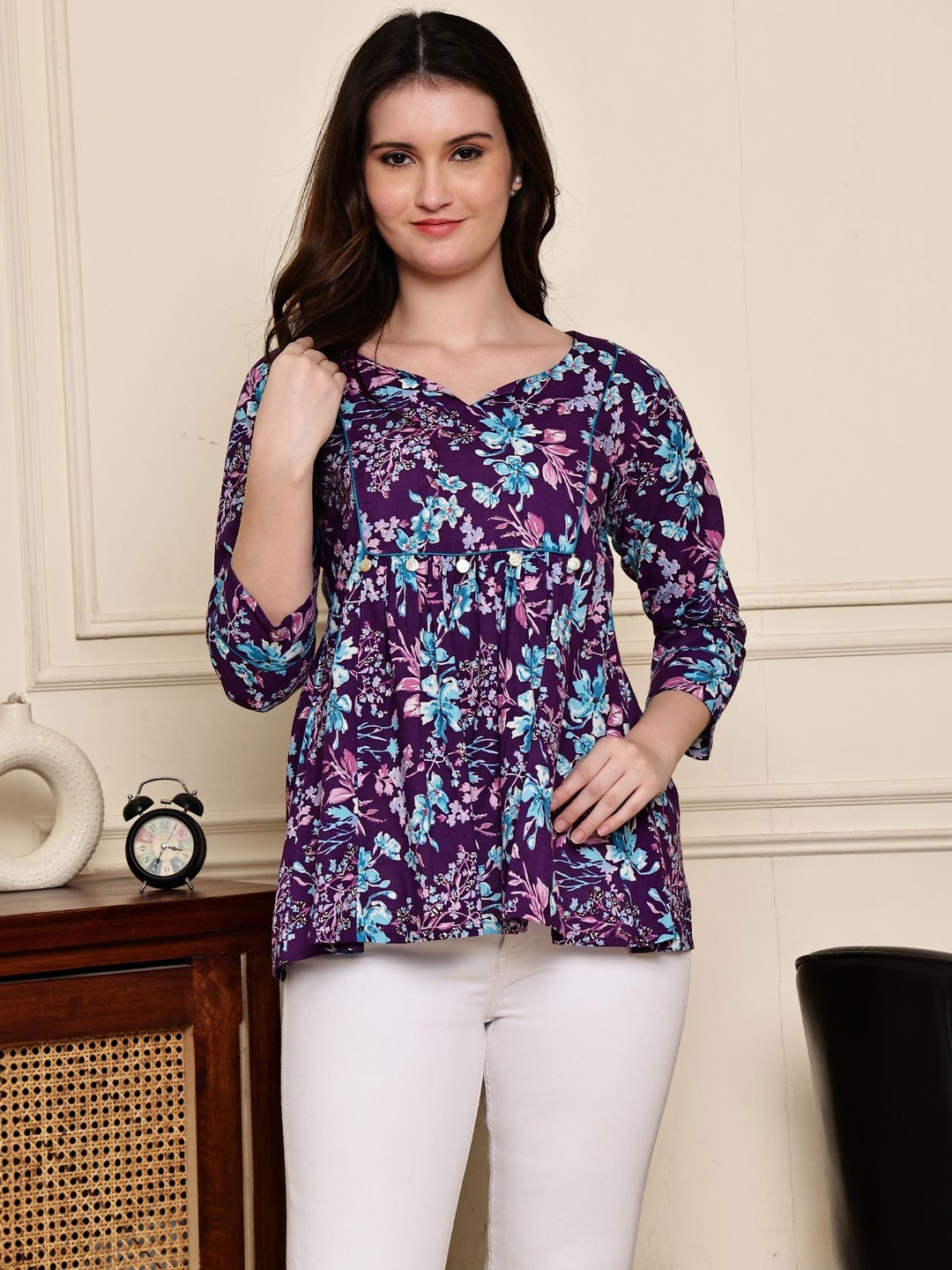 Merira Floral Print Sweetheart Neck Cotton Peplum Top